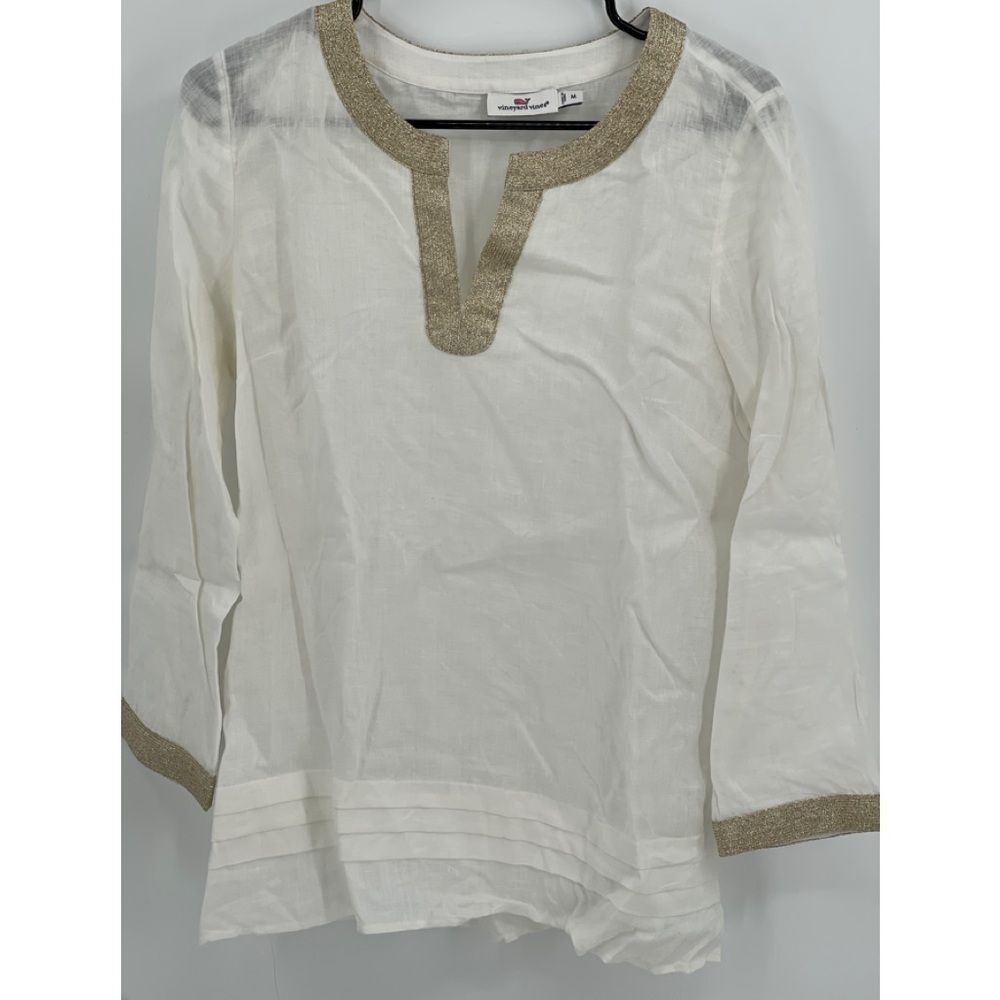Vineyard Vines Tunic Top Linen Medium Split V Neck Shirt Blouse Gold Long Sleeve
